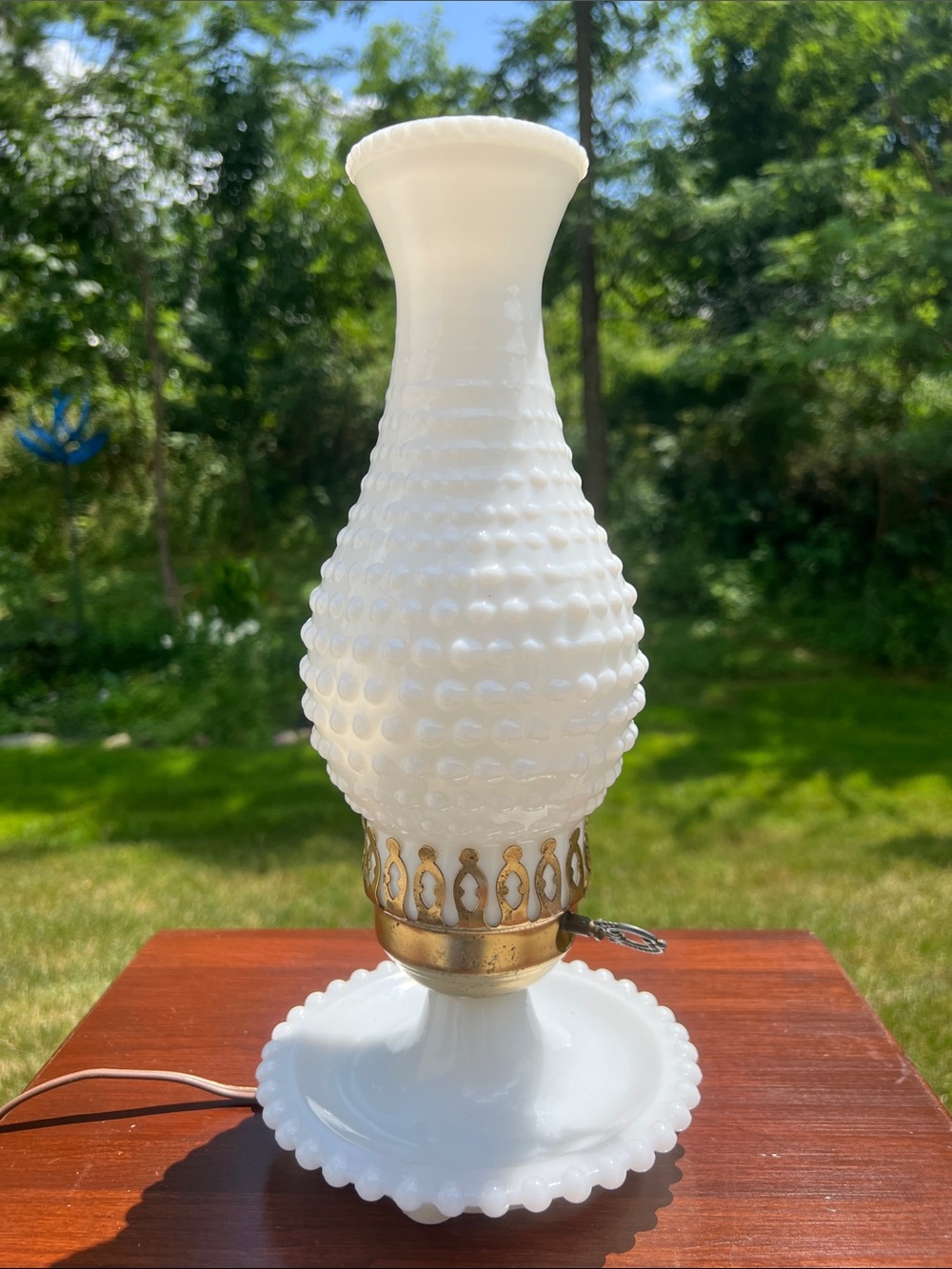 Vintage Cottagecore Hobnail White Milk Glass Hurricane Boudoir Table Lamp